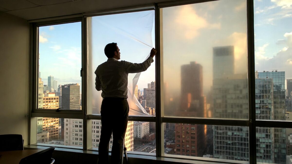 person installing commercial window film image